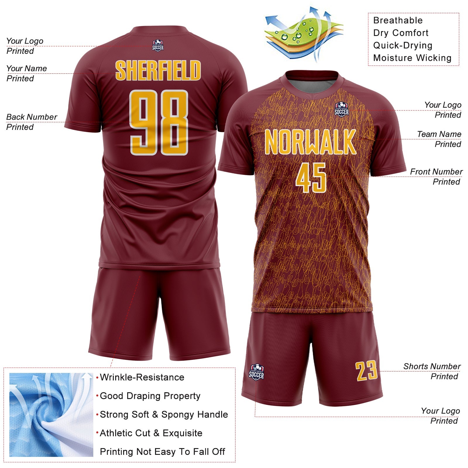 Custom Burgundy Gold-White Abstract Scribble Curve Line Pattern Sports Sublimation Soccer Uniform Jersey view 4