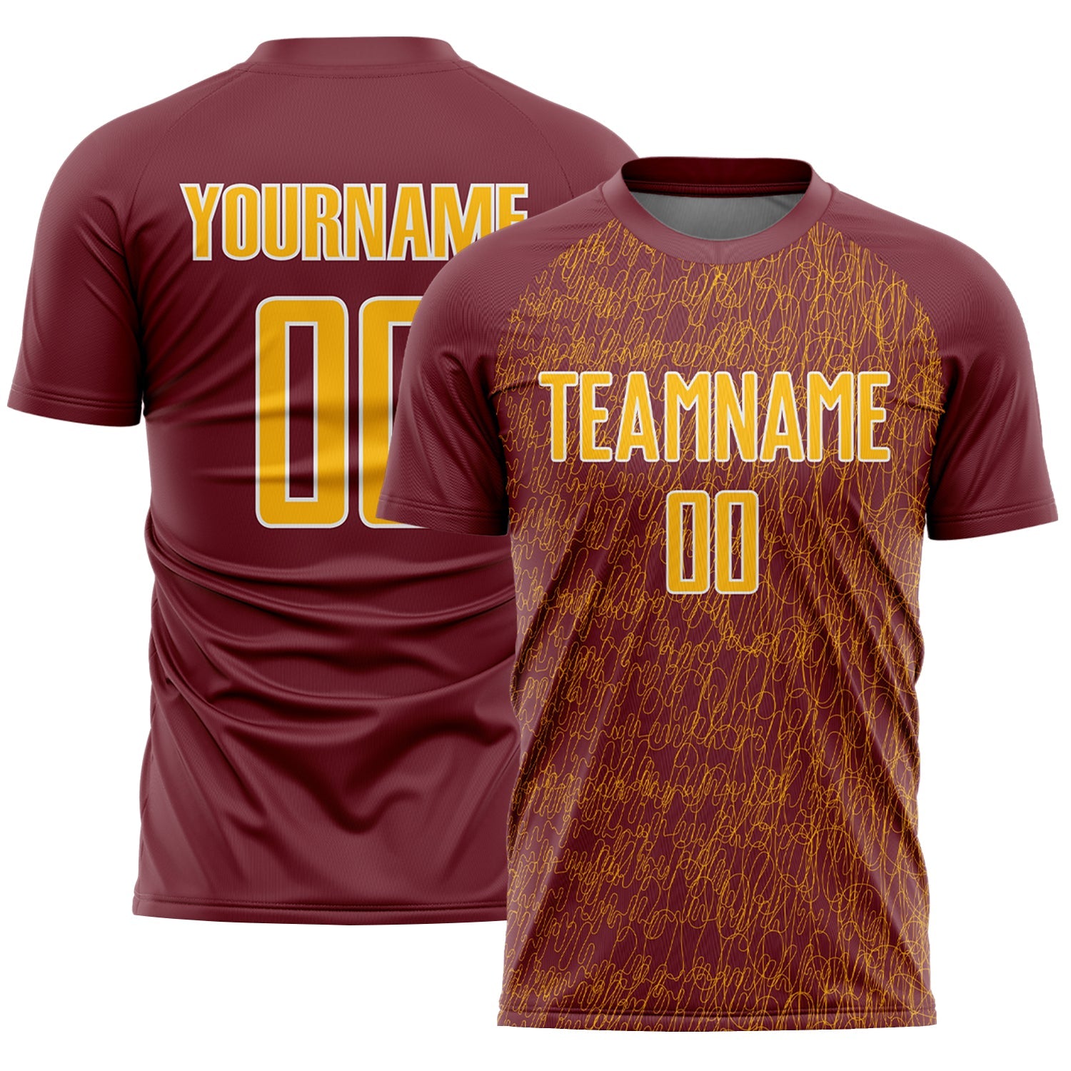 Custom Burgundy Gold-White Abstract Scribble Curve Line Pattern Sports Sublimation Soccer Uniform Jersey - Main View