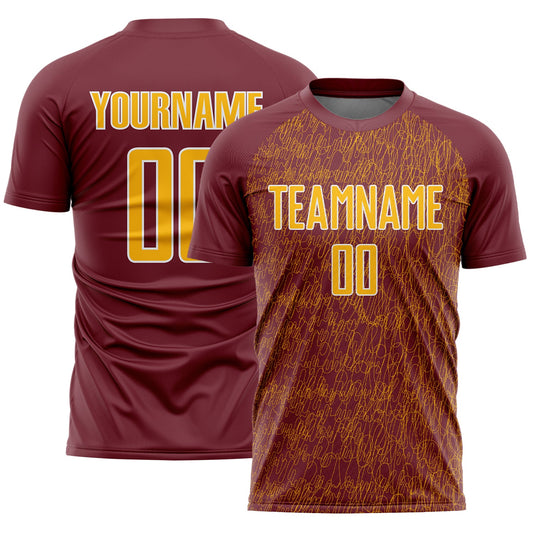 Custom Burgundy Gold-White Abstract Scribble Curve Line Pattern Sports Sublimation Soccer Uniform Jersey - Main View