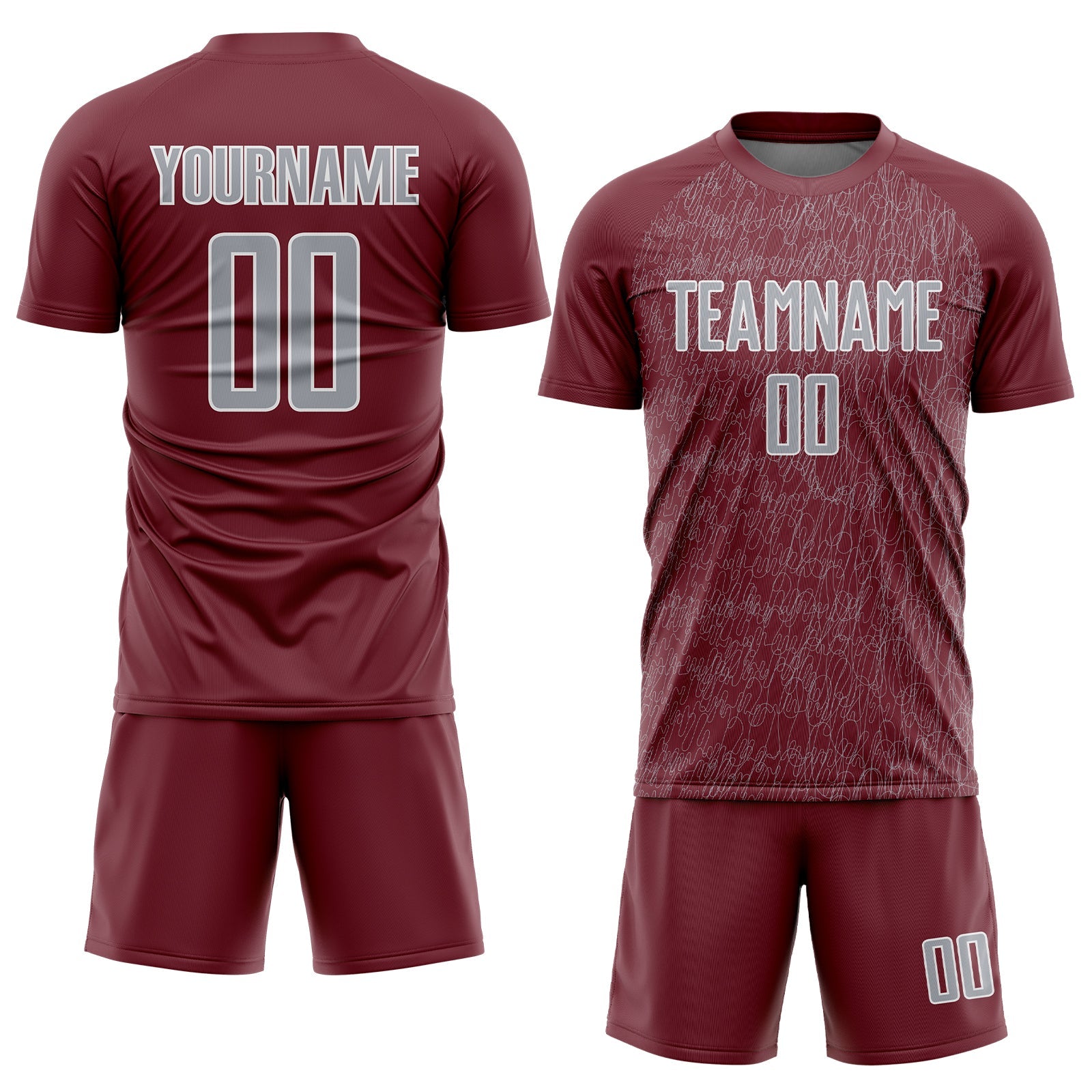 Custom Burgundy Gray-White Abstract Scribble Curve Line Pattern Sports Sublimation Soccer Uniform Jersey view 2