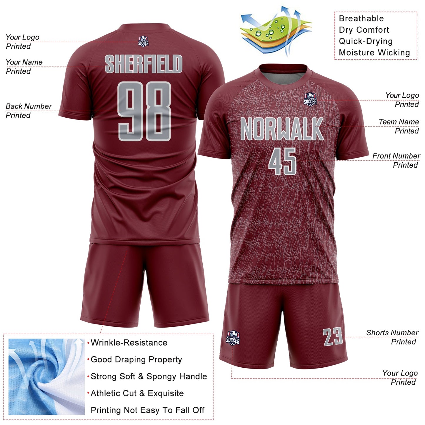 Custom Burgundy Gray-White Abstract Scribble Curve Line Pattern Sports Sublimation Soccer Uniform Jersey view 4