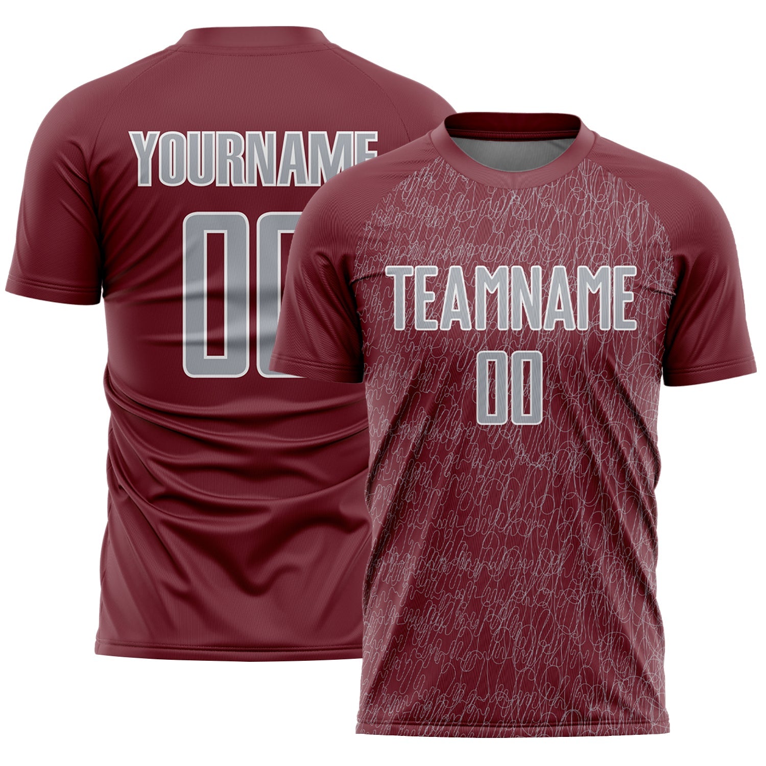 Custom Burgundy Gray-White Abstract Scribble Curve Line Pattern Sports Sublimation Soccer Uniform Jersey - Main View
