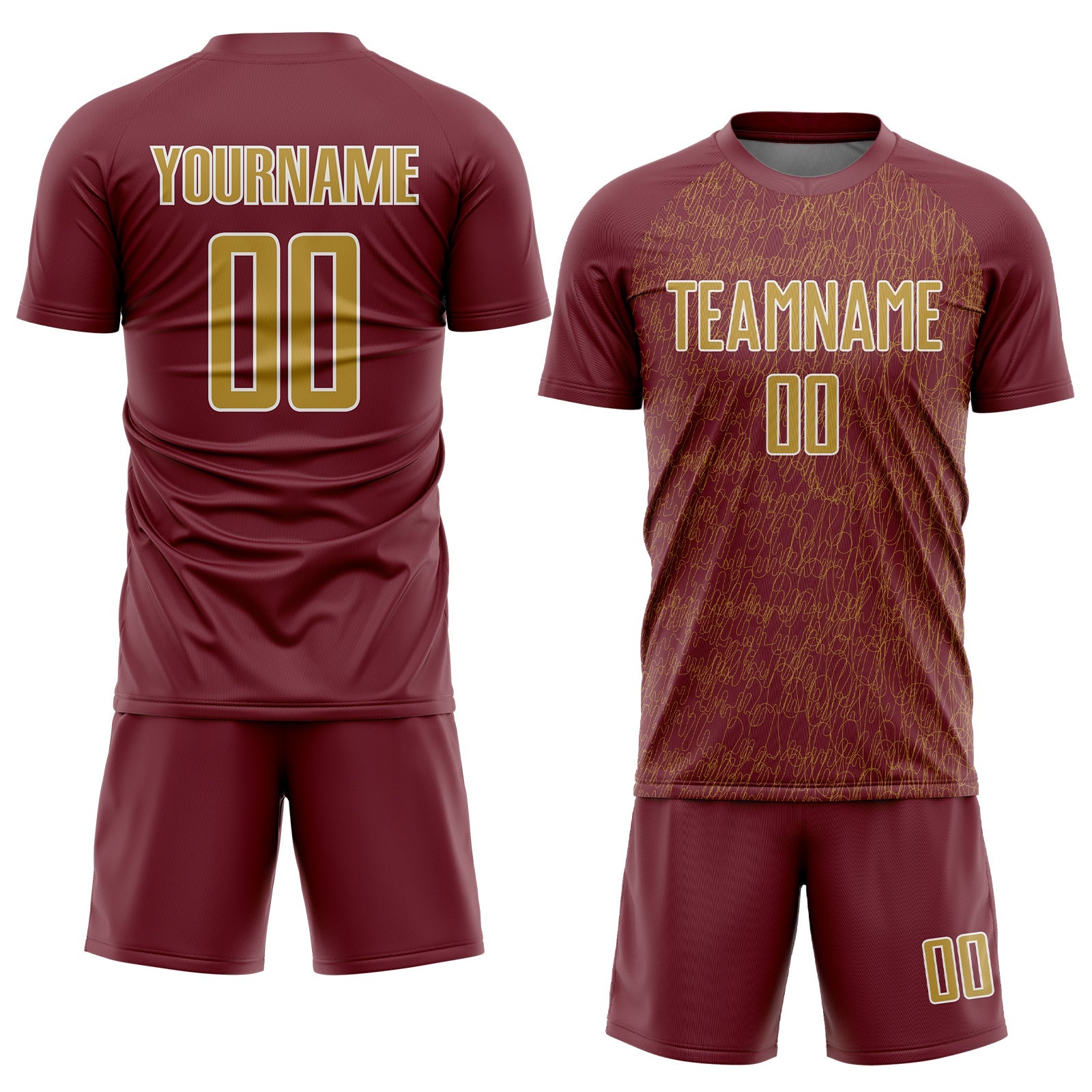 Custom Burgundy Old Gold-White Abstract Scribble Curve Line Pattern Sports Sublimation Soccer Uniform Jersey view 2