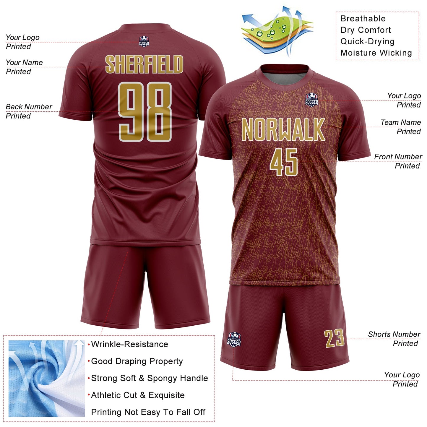 Custom Burgundy Old Gold-White Abstract Scribble Curve Line Pattern Sports Sublimation Soccer Uniform Jersey view 4