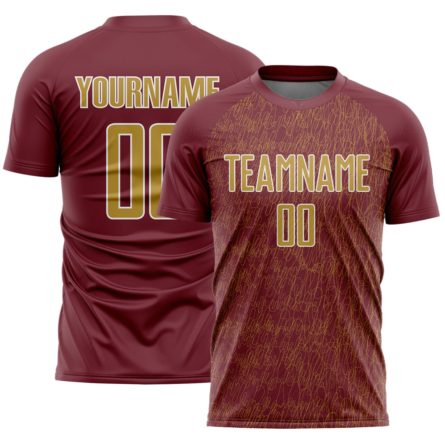 Custom Burgundy Old Gold-White Abstract Scribble Curve Line Pattern Sports Sublimation Soccer Uniform Jersey - Main View