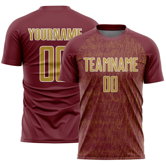 Custom Burgundy Old Gold-White Abstract Scribble Curve Line Pattern Sports Sublimation Soccer Uniform Jersey - Main View