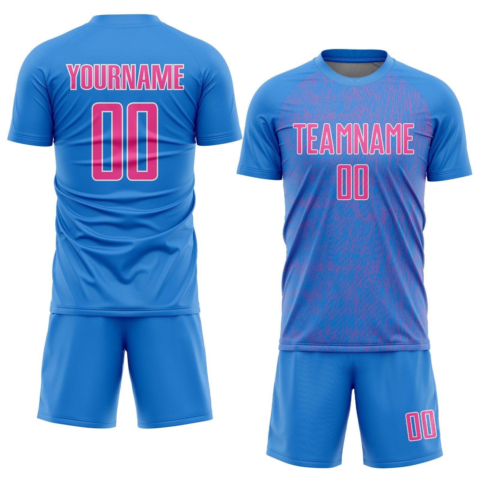 Custom Powder Blue Pink-White Abstract Scribble Curve Line Pattern Sports Sublimation Soccer Uniform Jersey view 2