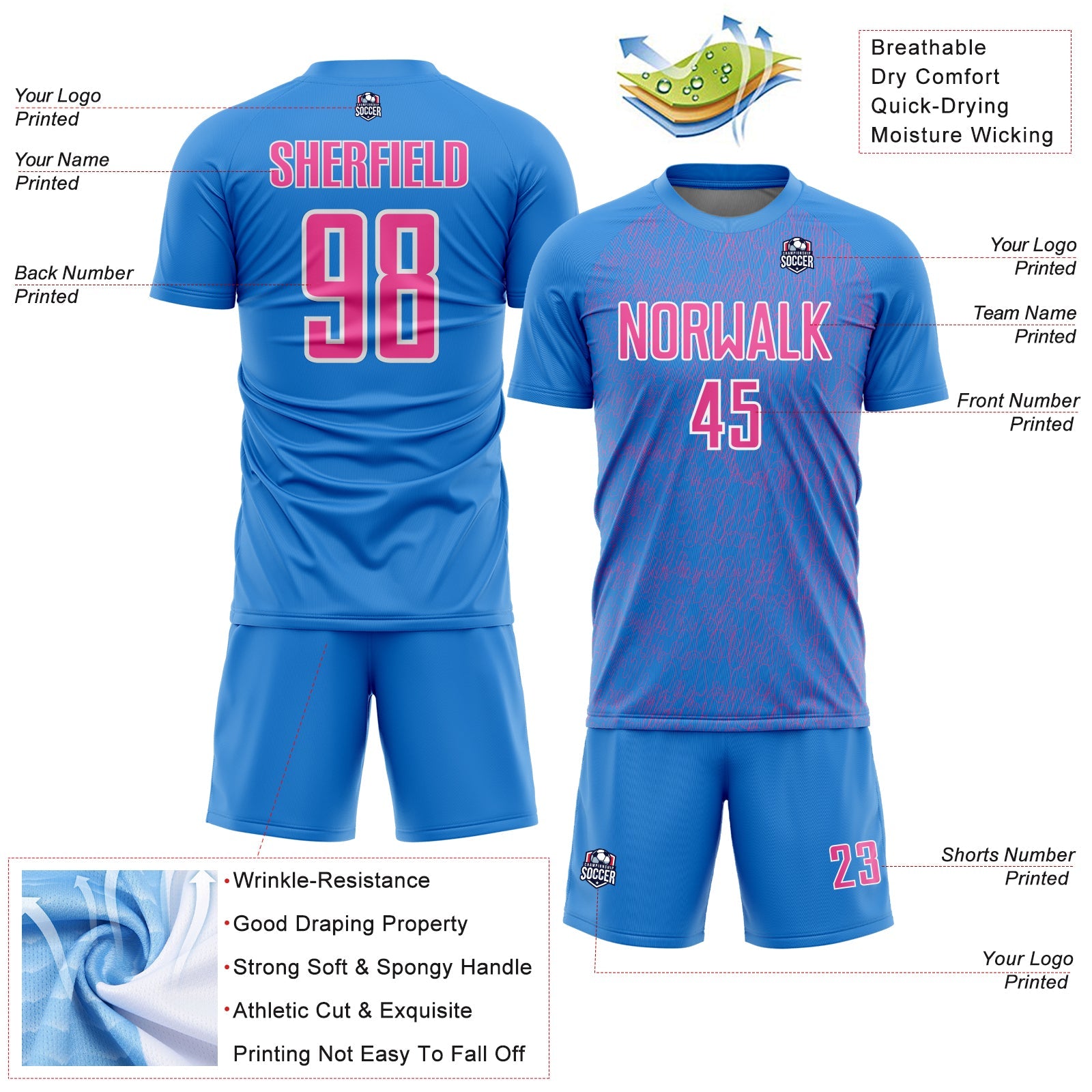 Custom Powder Blue Pink-White Abstract Scribble Curve Line Pattern Sports Sublimation Soccer Uniform Jersey view 4