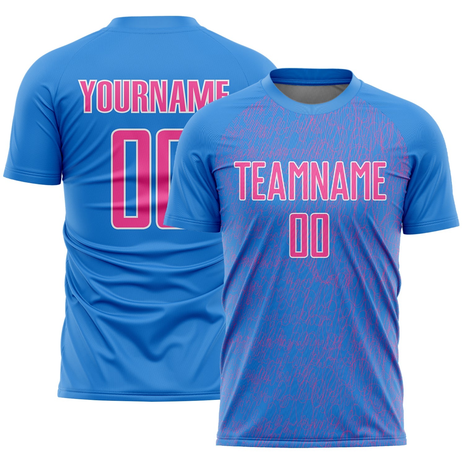 Custom Powder Blue Pink-White Abstract Scribble Curve Line Pattern Sports Sublimation Soccer Uniform Jersey - Main View