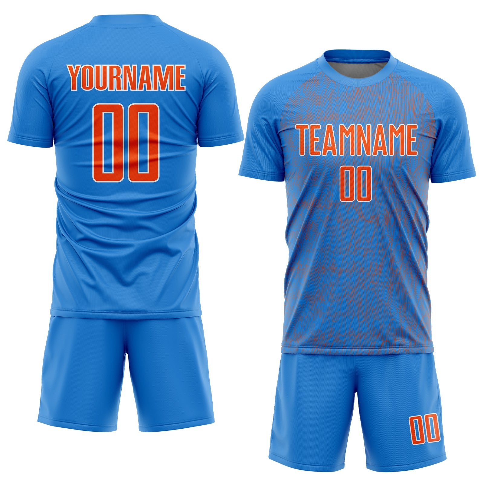 Custom Powder Blue Orange-White Abstract Scribble Curve Line Pattern Sports Sublimation Soccer Uniform Jersey view 2