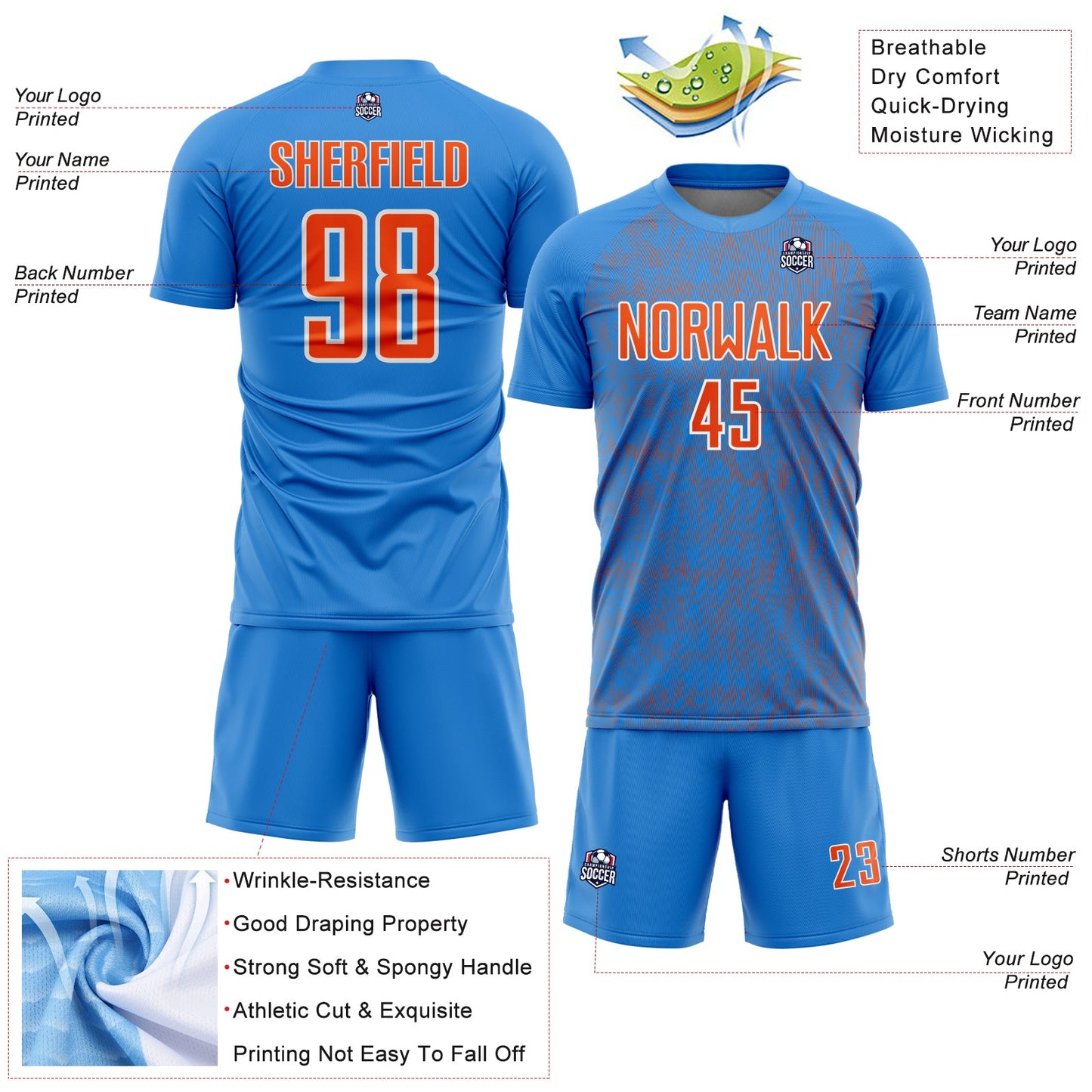 Custom Powder Blue Orange-White Abstract Scribble Curve Line Pattern Sports Sublimation Soccer Uniform Jersey view 4