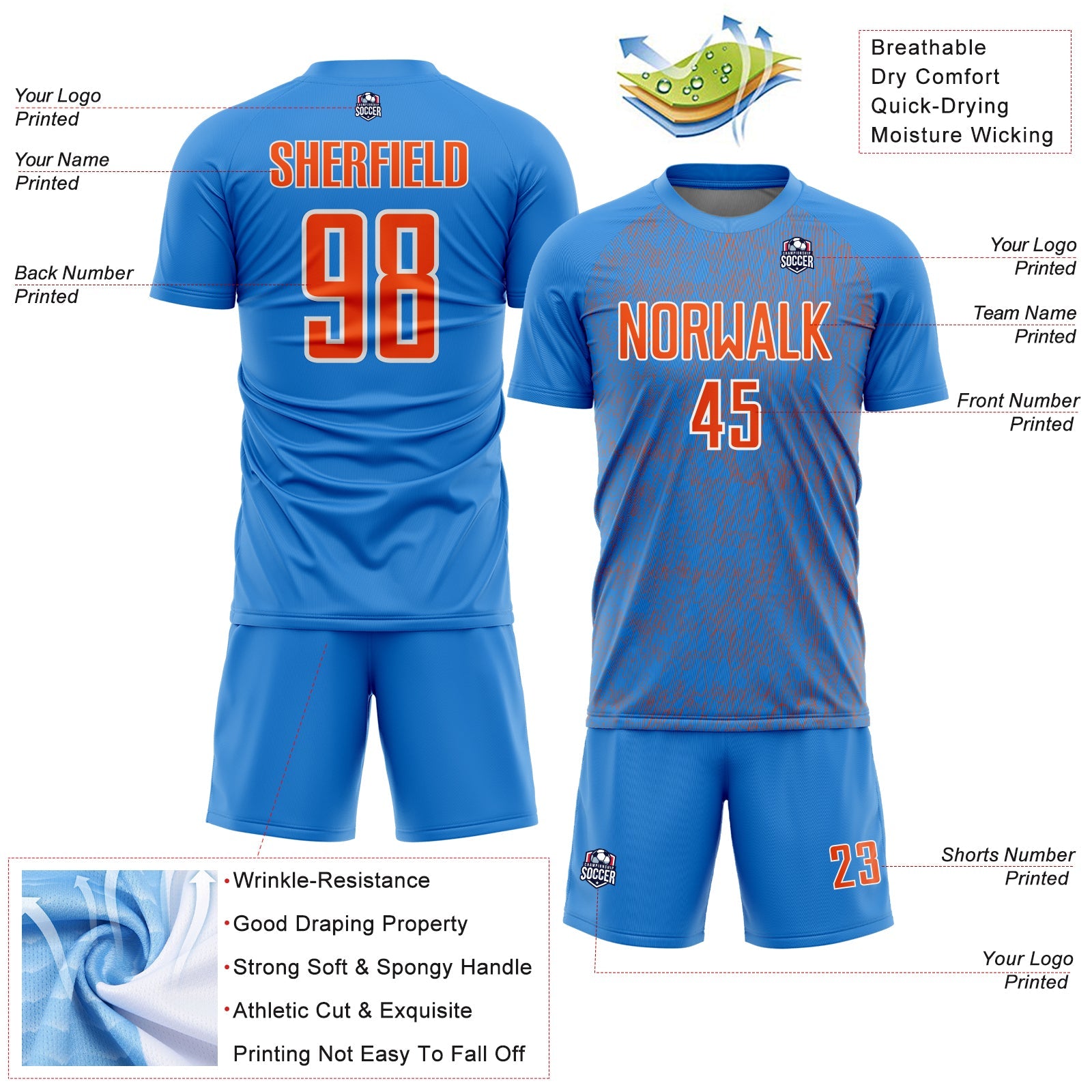 Custom Powder Blue Orange-White Abstract Scribble Curve Line Pattern Sports Sublimation Soccer Uniform Jersey view 4