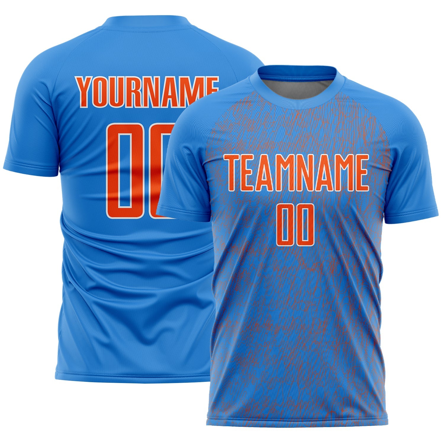 Custom Powder Blue Orange-White Abstract Scribble Curve Line Pattern Sports Sublimation Soccer Uniform Jersey - Main View