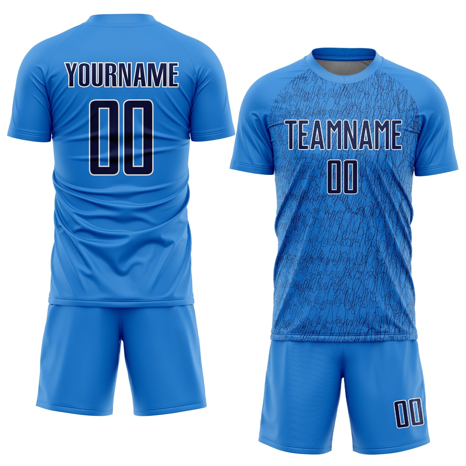 Custom Powder Blue Navy-White Abstract Scribble Curve Line Pattern Sports Sublimation Soccer Uniform Jersey view 2