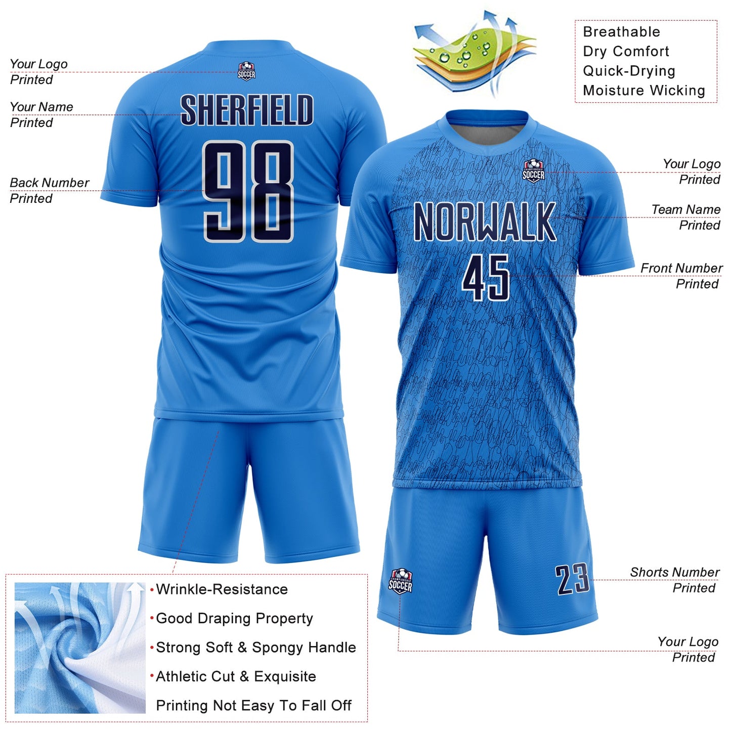 Custom Powder Blue Navy-White Abstract Scribble Curve Line Pattern Sports Sublimation Soccer Uniform Jersey view 4
