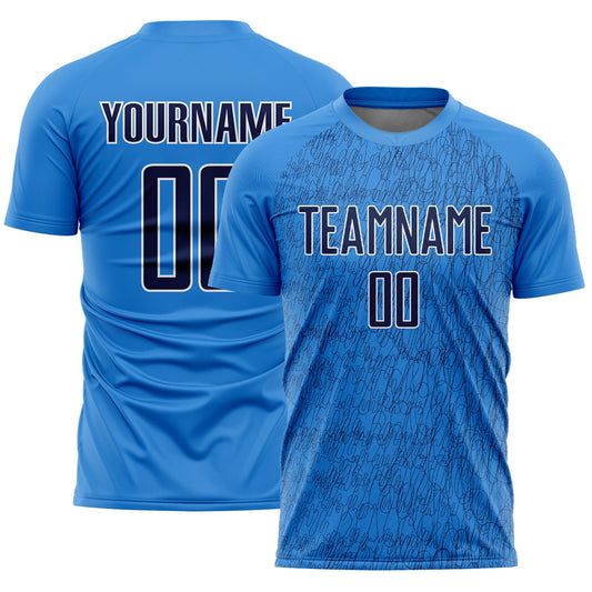 Custom Powder Blue Navy-White Abstract Scribble Curve Line Pattern Sports Sublimation Soccer Uniform Jersey - Main View