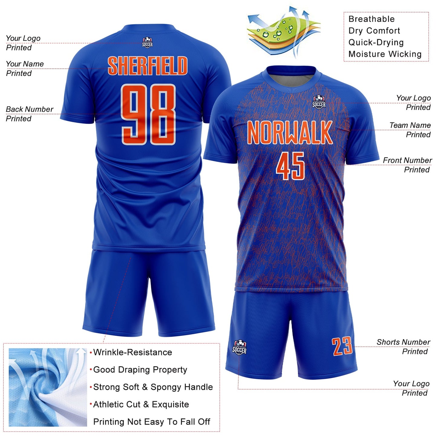 Custom Thunder Blue Orange-White Abstract Scribble Curve Line Pattern Sports Sublimation Soccer Uniform Jersey view 4