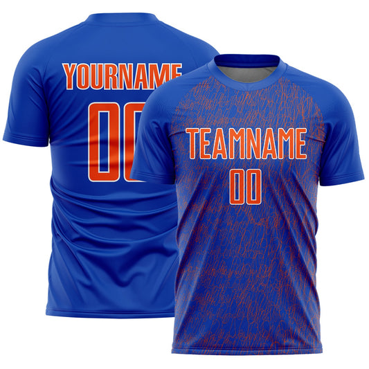 Custom Thunder Blue Orange-White Abstract Scribble Curve Line Pattern Sports Sublimation Soccer Uniform Jersey - Main View