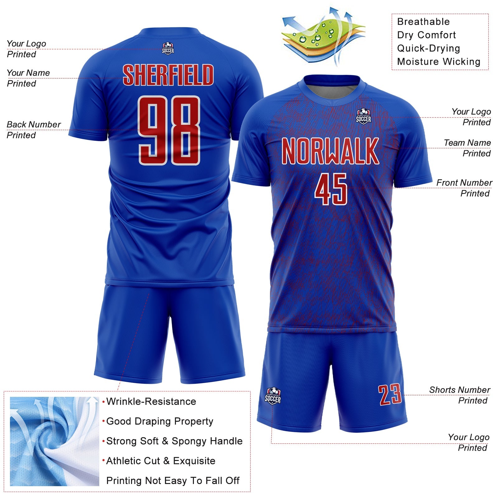 Custom Thunder Blue Red-White Abstract Scribble Curve Line Pattern Sports Sublimation Soccer Uniform Jersey view 4