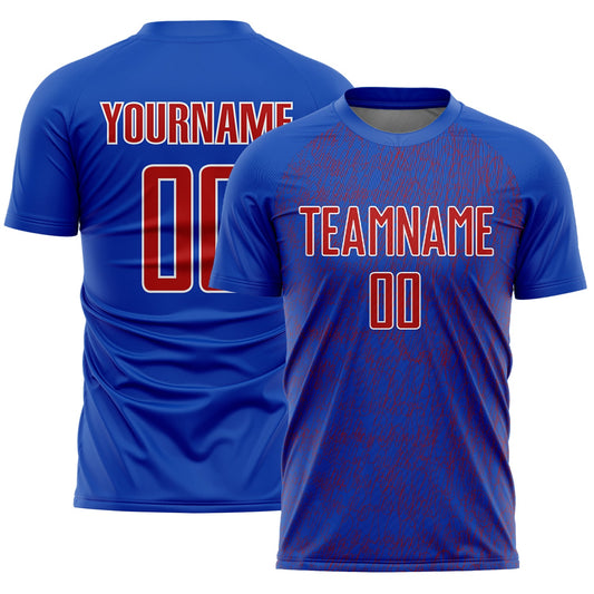 Custom Thunder Blue Red-White Abstract Scribble Curve Line Pattern Sports Sublimation Soccer Uniform Jersey - Main View