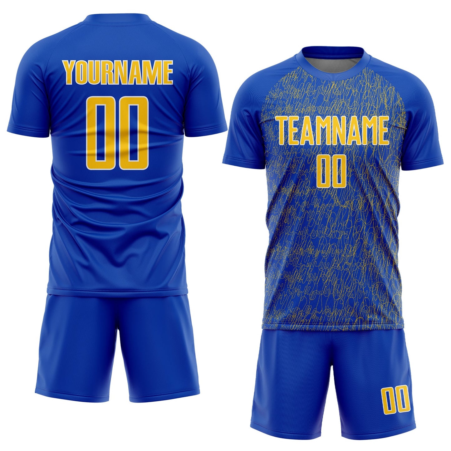 Custom Thunder Blue Yellow-White Abstract Scribble Curve Line Pattern Sports Sublimation Soccer Uniform Jersey view 2