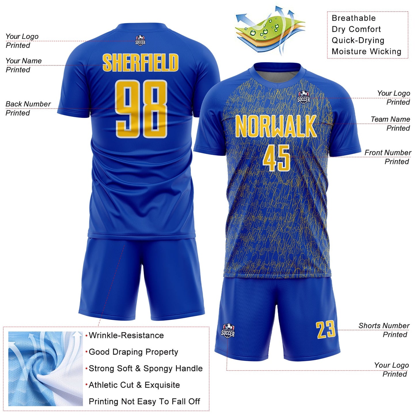 Custom Thunder Blue Yellow-White Abstract Scribble Curve Line Pattern Sports Sublimation Soccer Uniform Jersey view 4