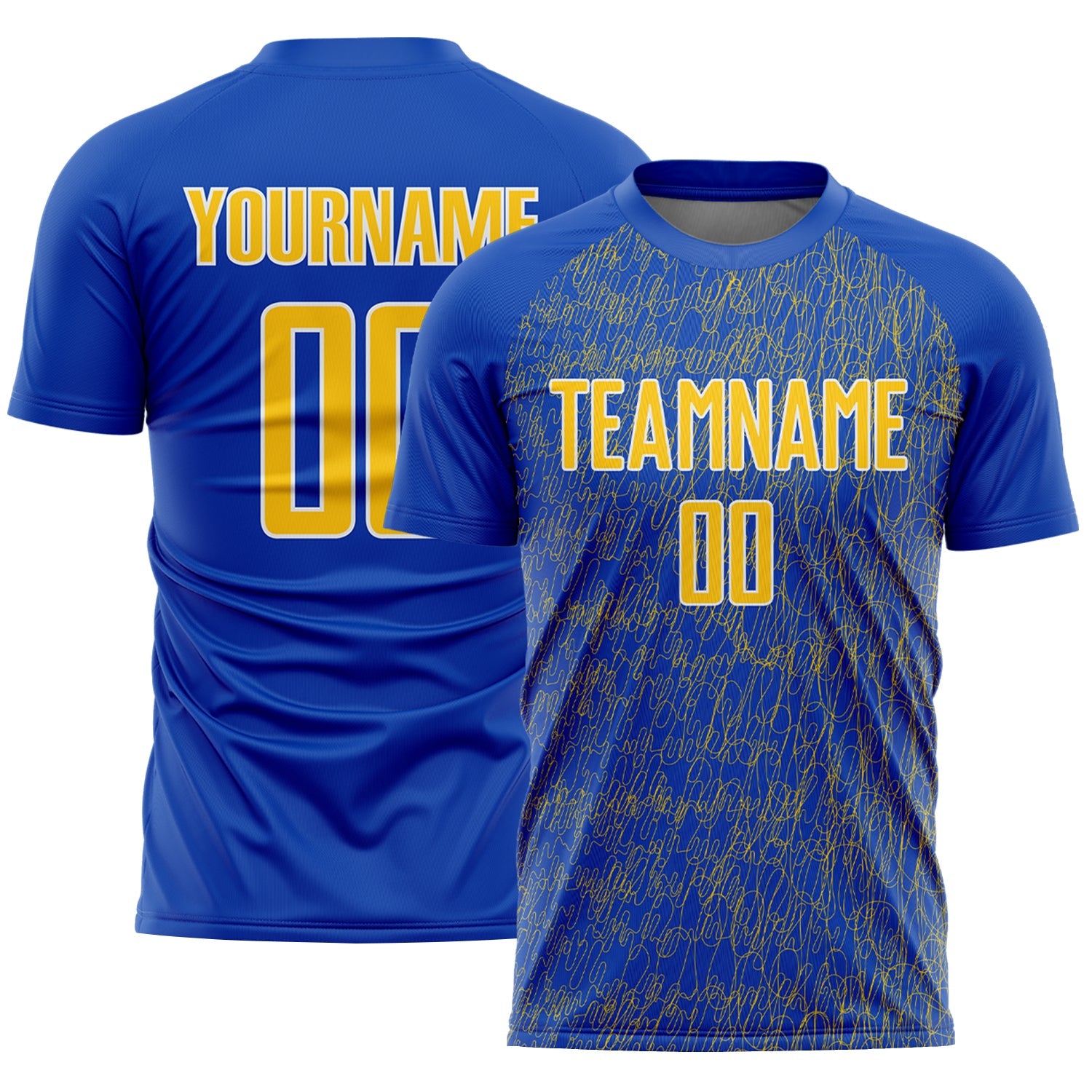 Custom Thunder Blue Yellow-White Abstract Scribble Curve Line Pattern Sports Sublimation Soccer Uniform Jersey - Main View