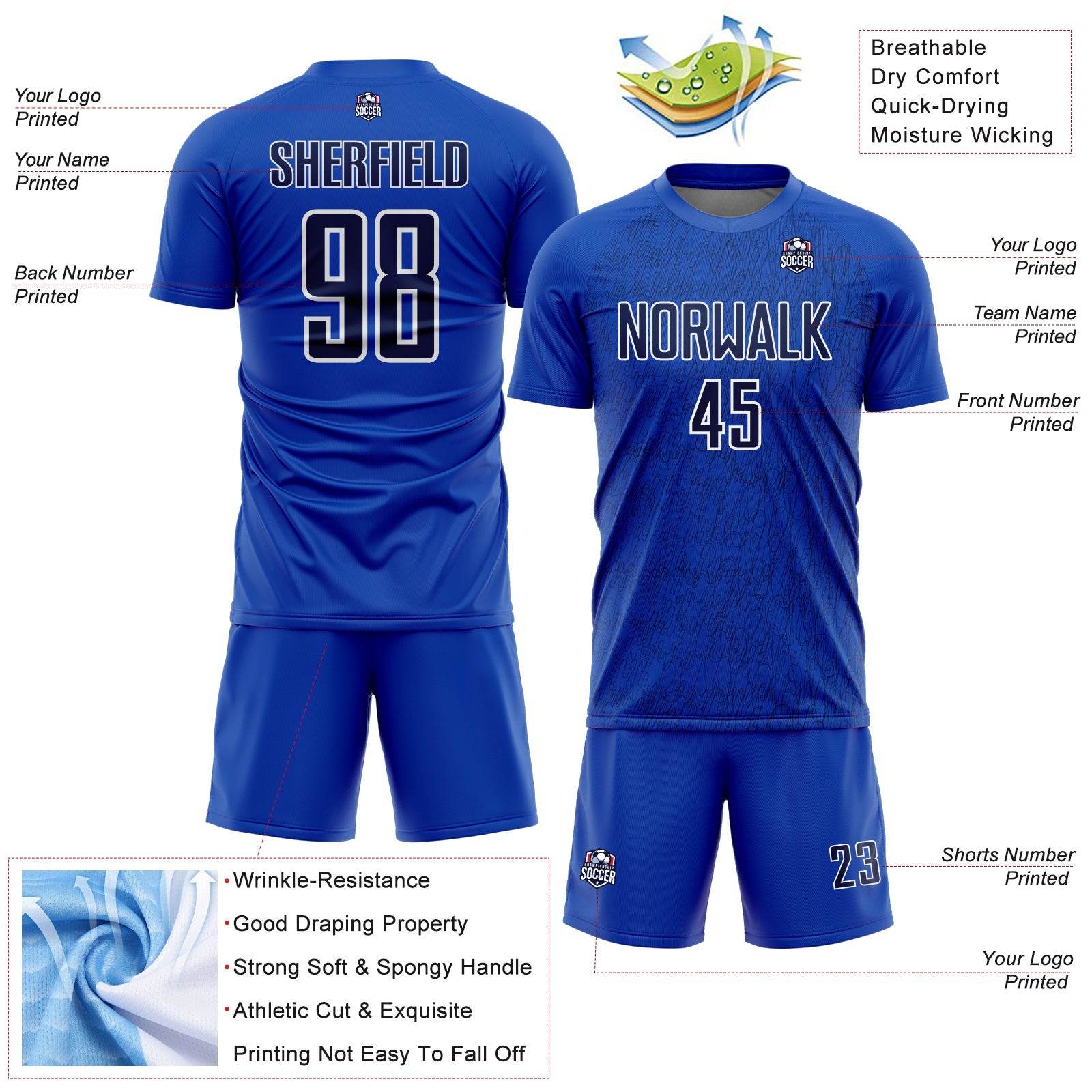 Custom Thunder Blue Navy-White Abstract Scribble Curve Line Pattern Sports Sublimation Soccer Uniform Jersey view 4