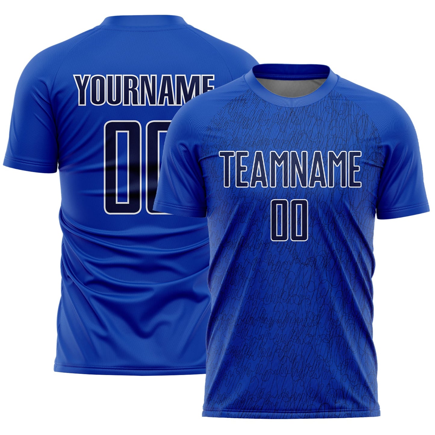 Custom Thunder Blue Navy-White Abstract Scribble Curve Line Pattern Sports Sublimation Soccer Uniform Jersey - Main View