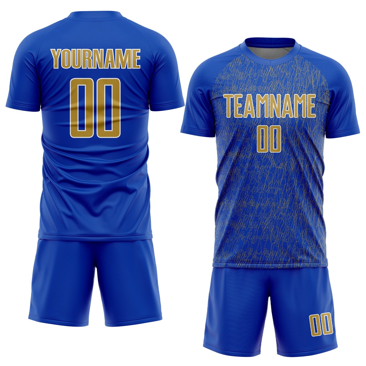 Custom Thunder Blue Old Gold-White Abstract Scribble Curve Line Pattern Sports Sublimation Soccer Uniform Jersey view 2
