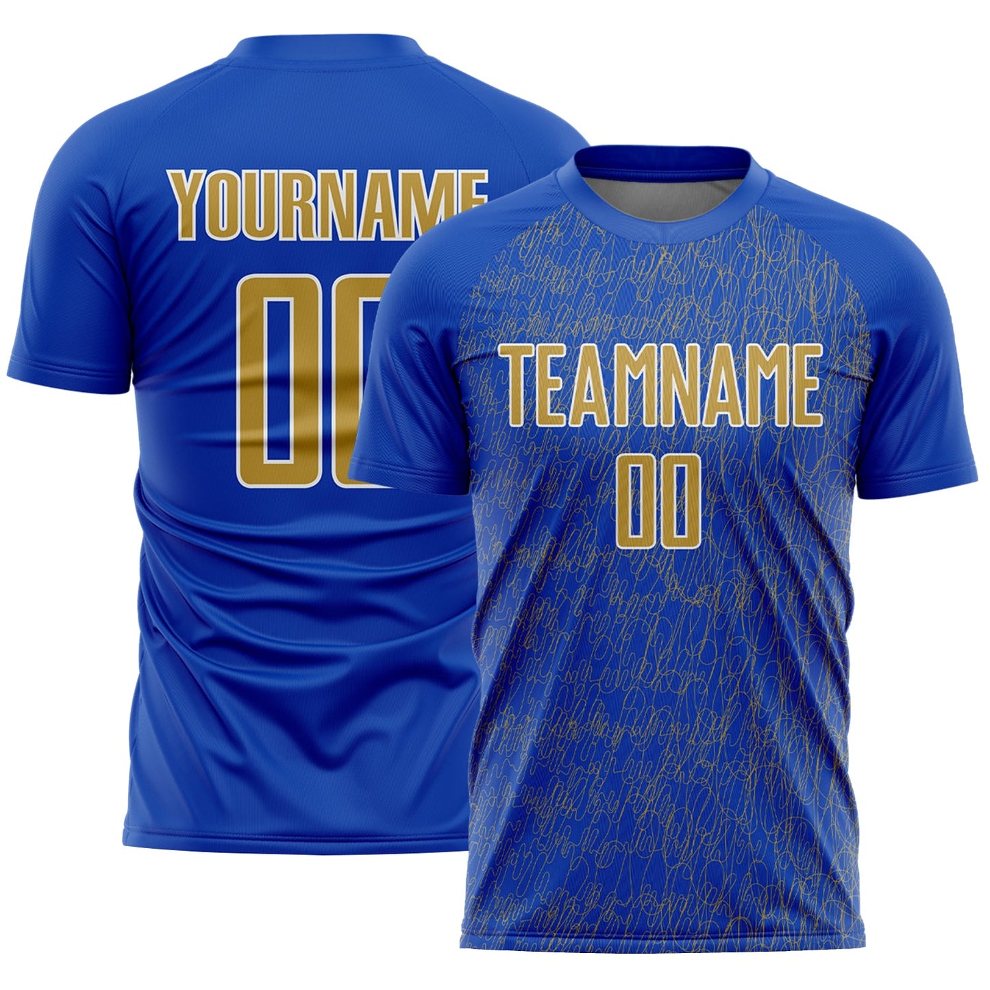 Custom Thunder Blue Old Gold-White Abstract Scribble Curve Line Pattern Sports Sublimation Soccer Uniform Jersey - Main View