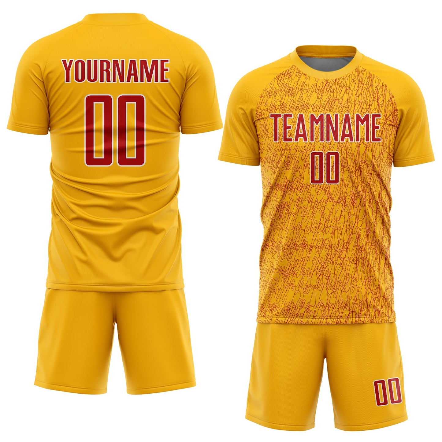 Custom Gold Red-White Abstract Scribble Curve Line Pattern Sports Sublimation Soccer Uniform Jersey view 2