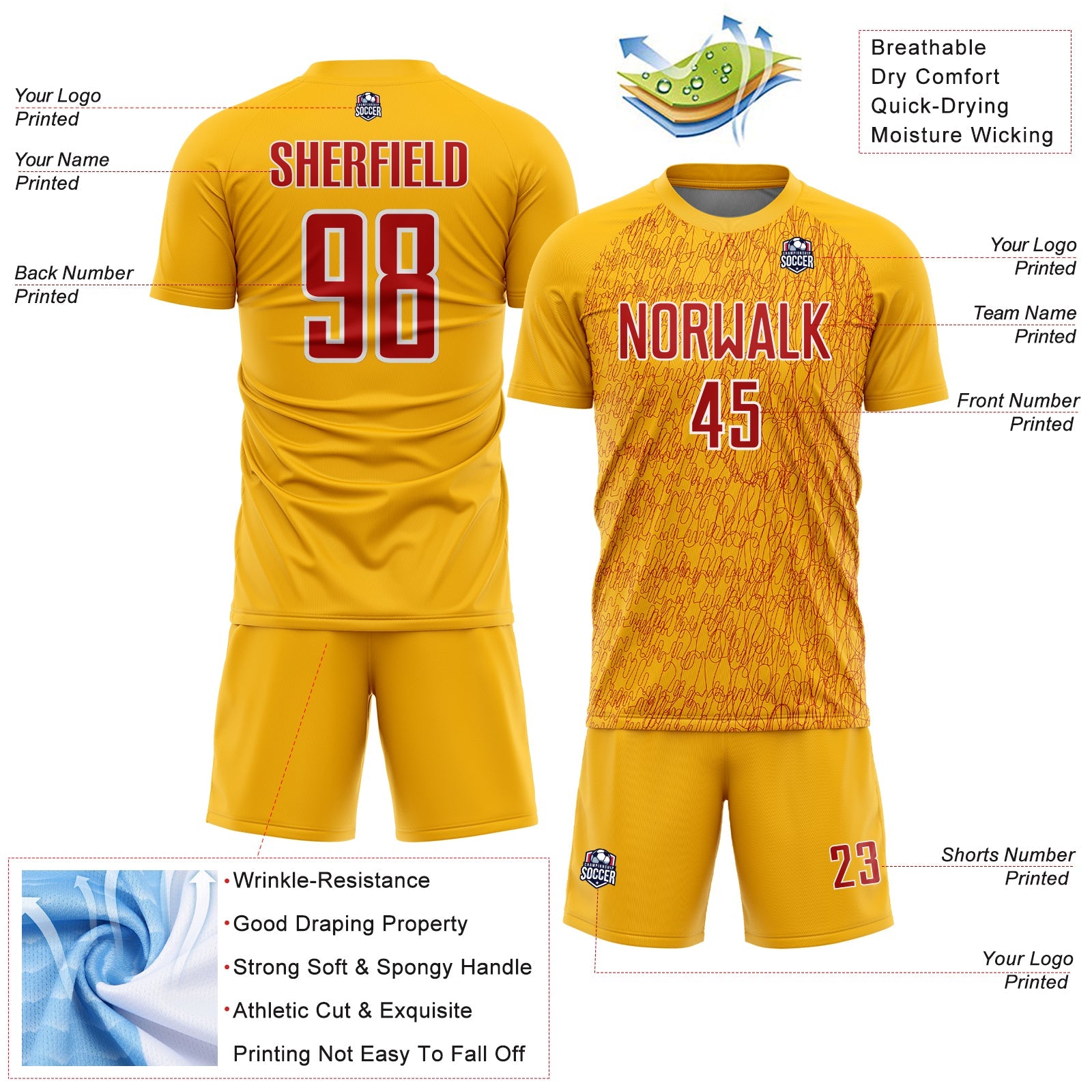 Custom Gold Red-White Abstract Scribble Curve Line Pattern Sports Sublimation Soccer Uniform Jersey view 4