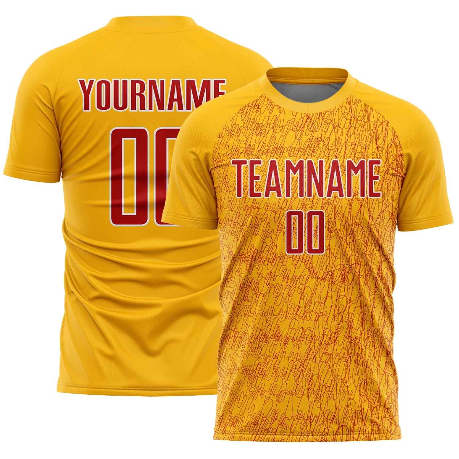 Custom Gold Red-White Abstract Scribble Curve Line Pattern Sports Sublimation Soccer Uniform Jersey - Main View