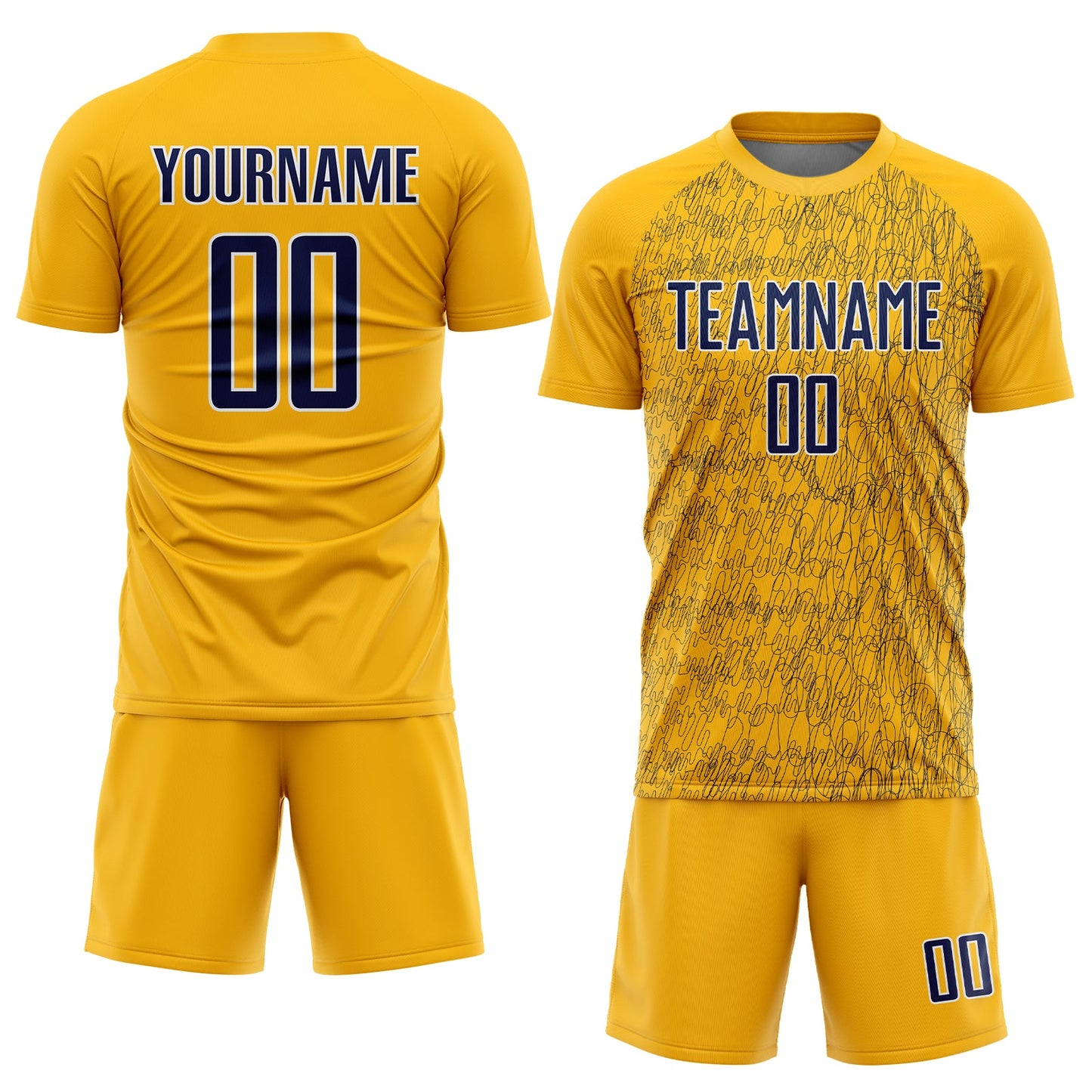 Custom Gold Navy-White Abstract Scribble Curve Line Pattern Sports Sublimation Soccer Uniform Jersey view 2