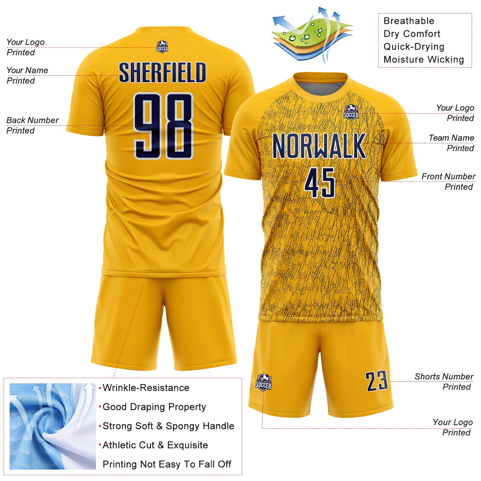 Custom Gold Navy-White Abstract Scribble Curve Line Pattern Sports Sublimation Soccer Uniform Jersey view 4