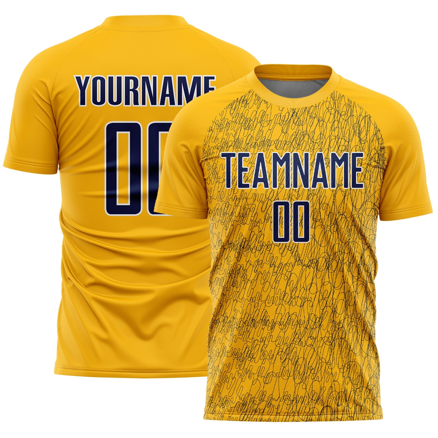 Custom Gold Navy-White Abstract Scribble Curve Line Pattern Sports Sublimation Soccer Uniform Jersey - Main View