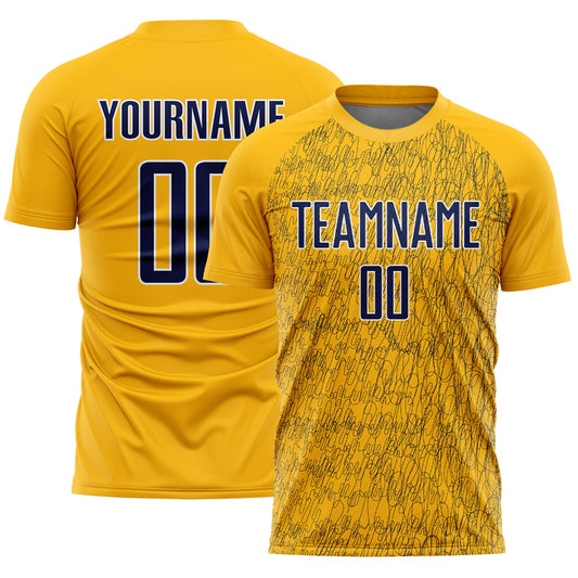 Custom Gold Navy-White Abstract Scribble Curve Line Pattern Sports Sublimation Soccer Uniform Jersey - Main View