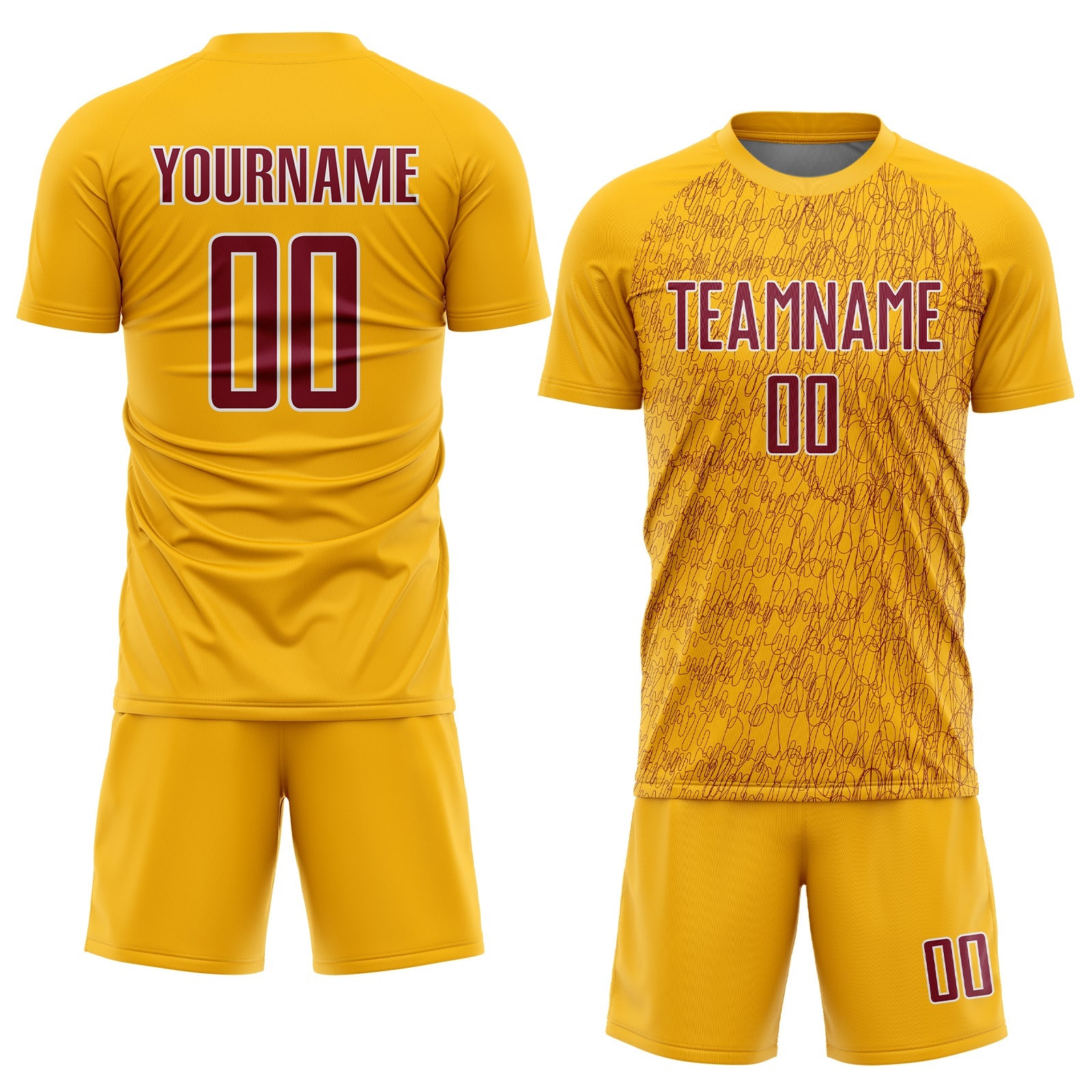 Custom Gold Crimson-White Abstract Scribble Curve Line Pattern Sports Sublimation Soccer Uniform Jersey view 2