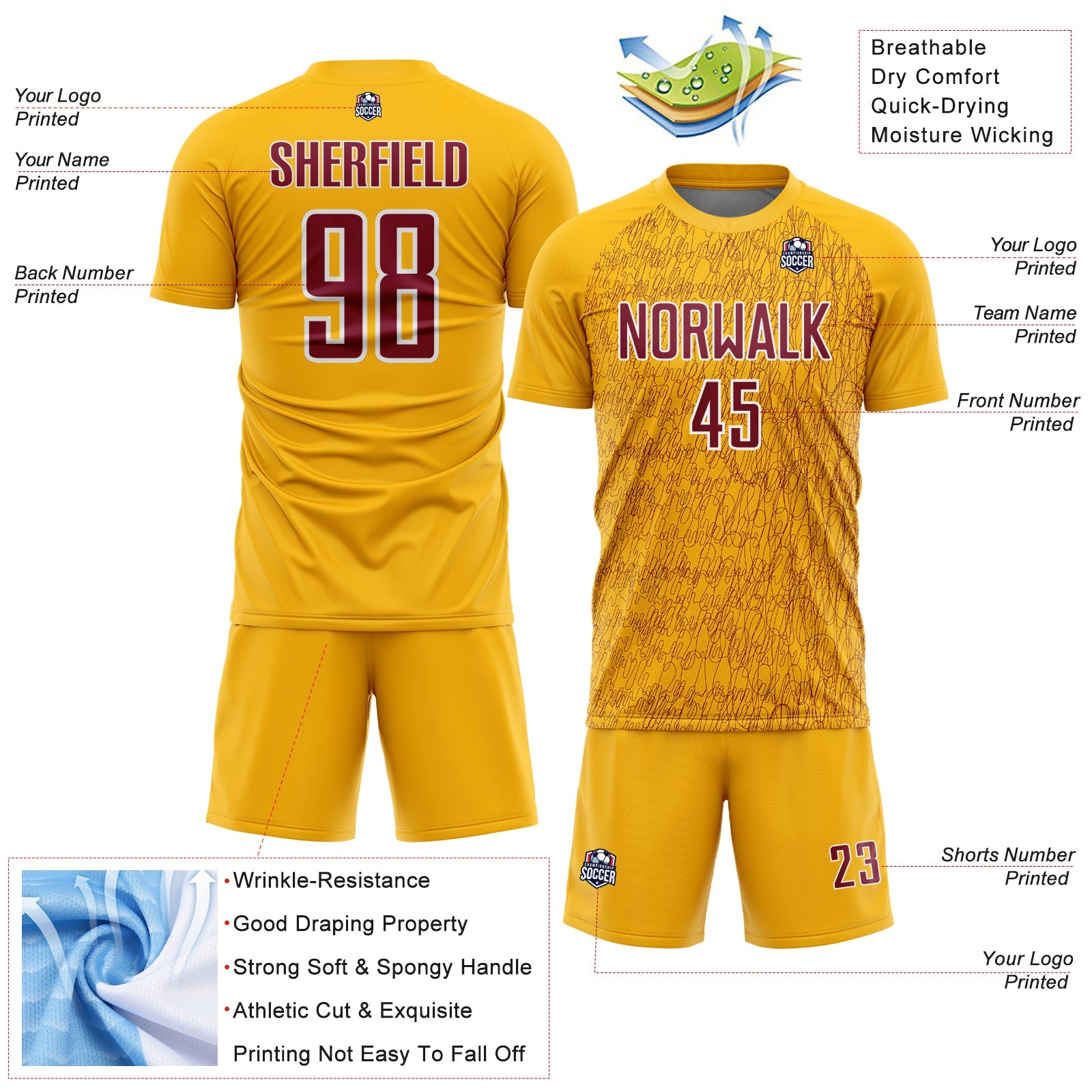 Custom Gold Crimson-White Abstract Scribble Curve Line Pattern Sports Sublimation Soccer Uniform Jersey view 4