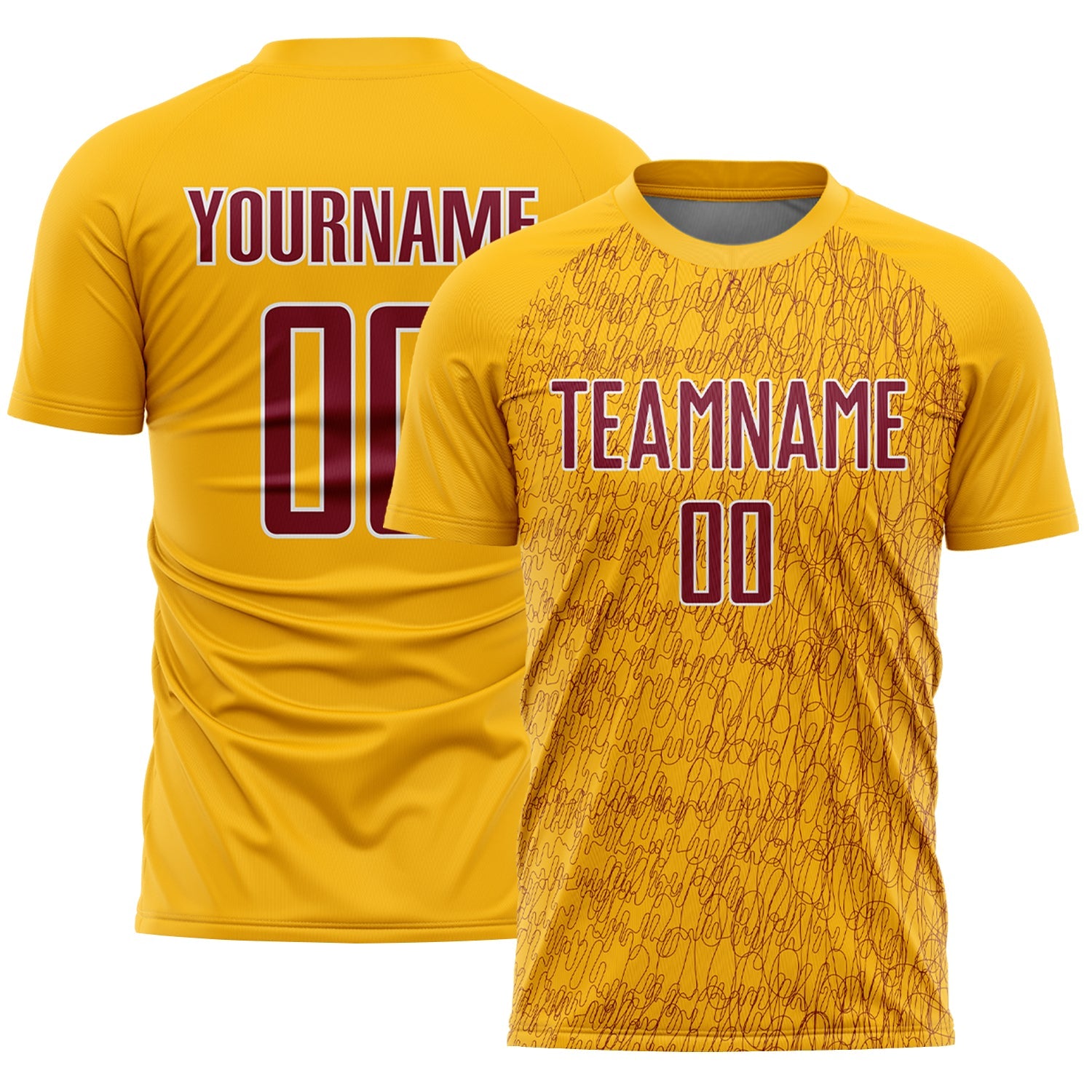 Custom Gold Crimson-White Abstract Scribble Curve Line Pattern Sports Sublimation Soccer Uniform Jersey - Main View