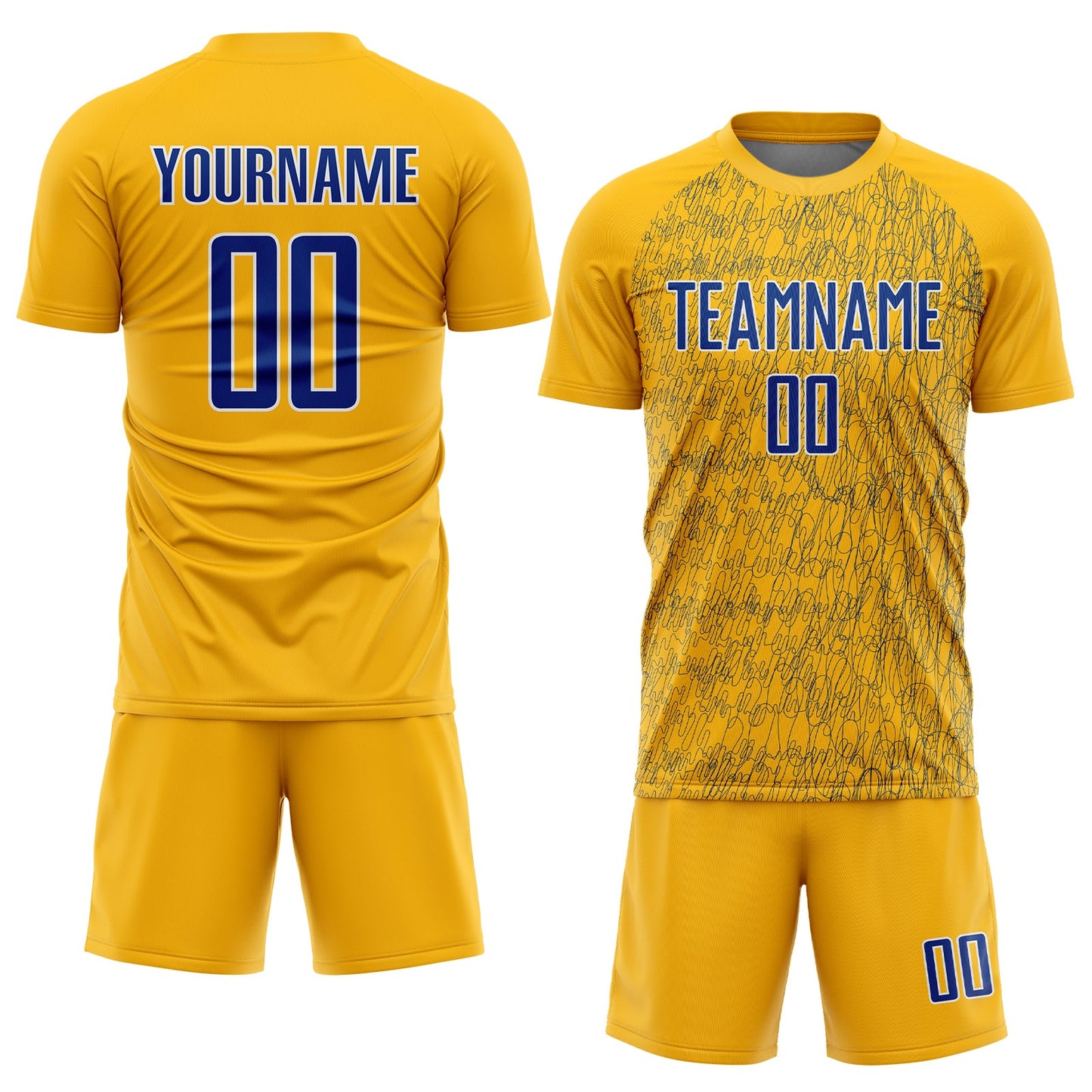 Custom Gold Royal-White Abstract Scribble Curve Line Pattern Sports Sublimation Soccer Uniform Jersey view 2
