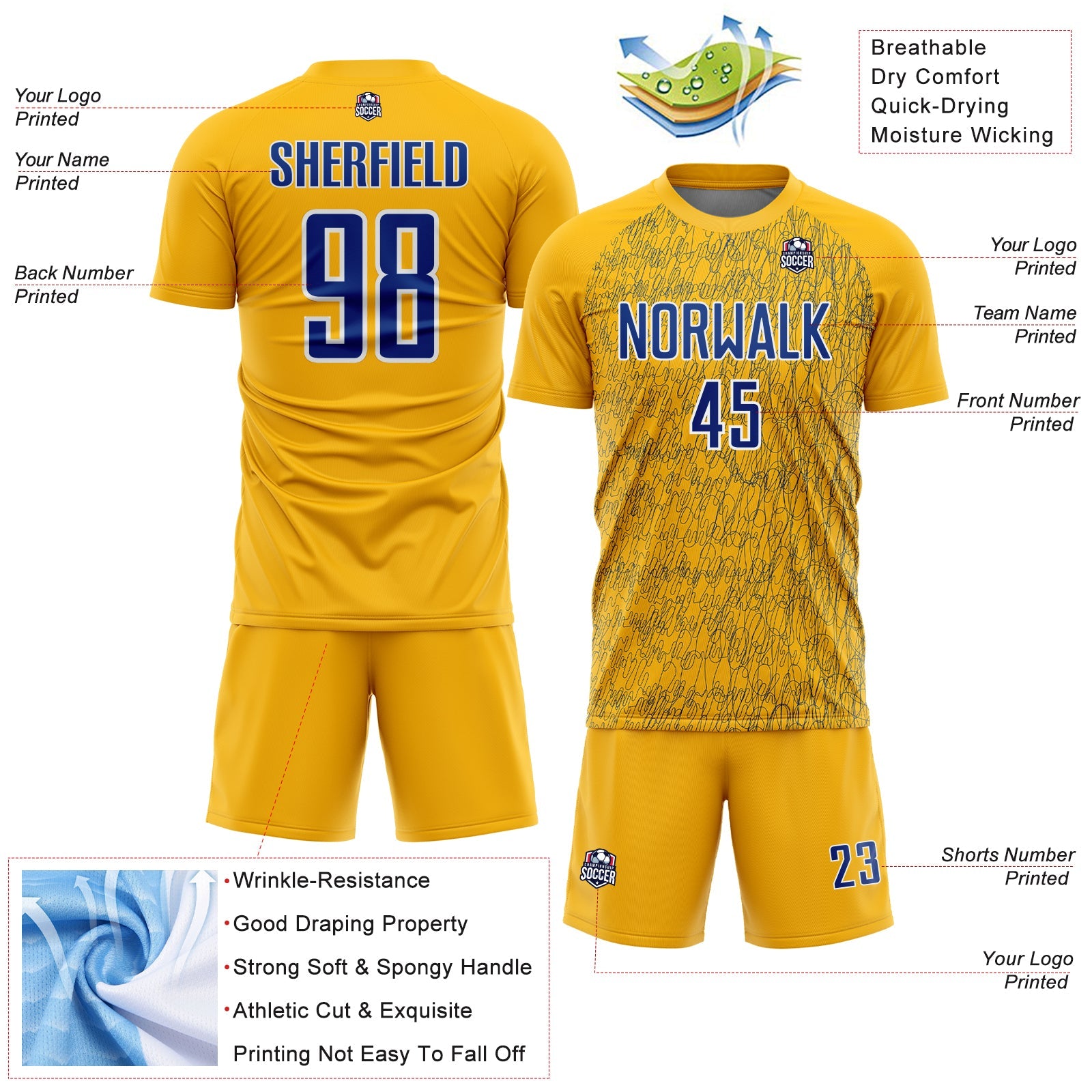 Custom Gold Royal-White Abstract Scribble Curve Line Pattern Sports Sublimation Soccer Uniform Jersey view 4