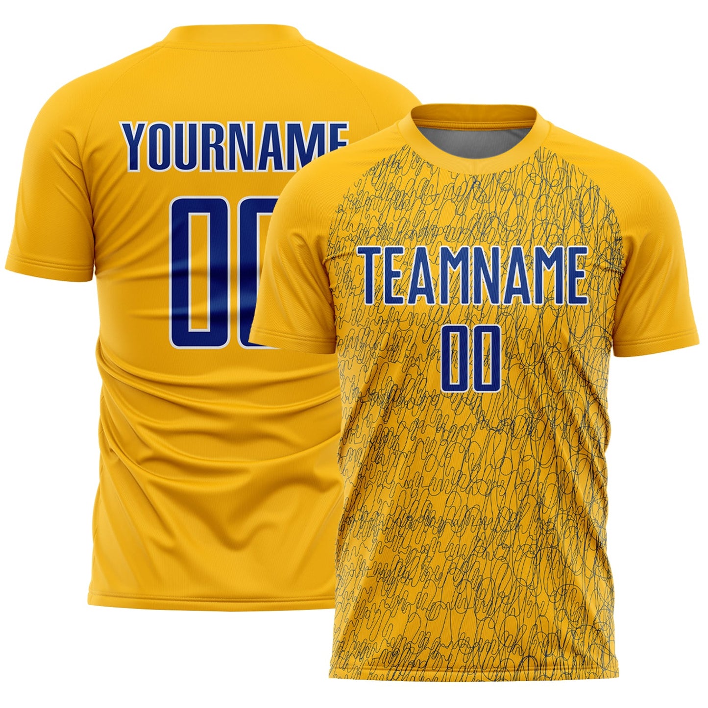 Custom Gold Royal-White Abstract Scribble Curve Line Pattern Sports Sublimation Soccer Uniform Jersey - Main View