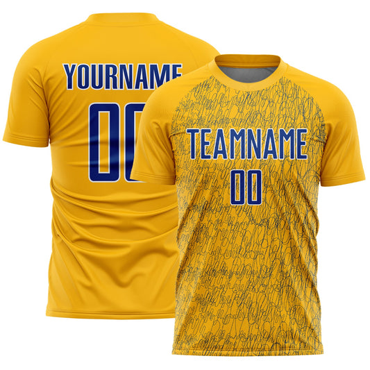 Custom Gold Royal-White Abstract Scribble Curve Line Pattern Sports Sublimation Soccer Uniform Jersey - Main View