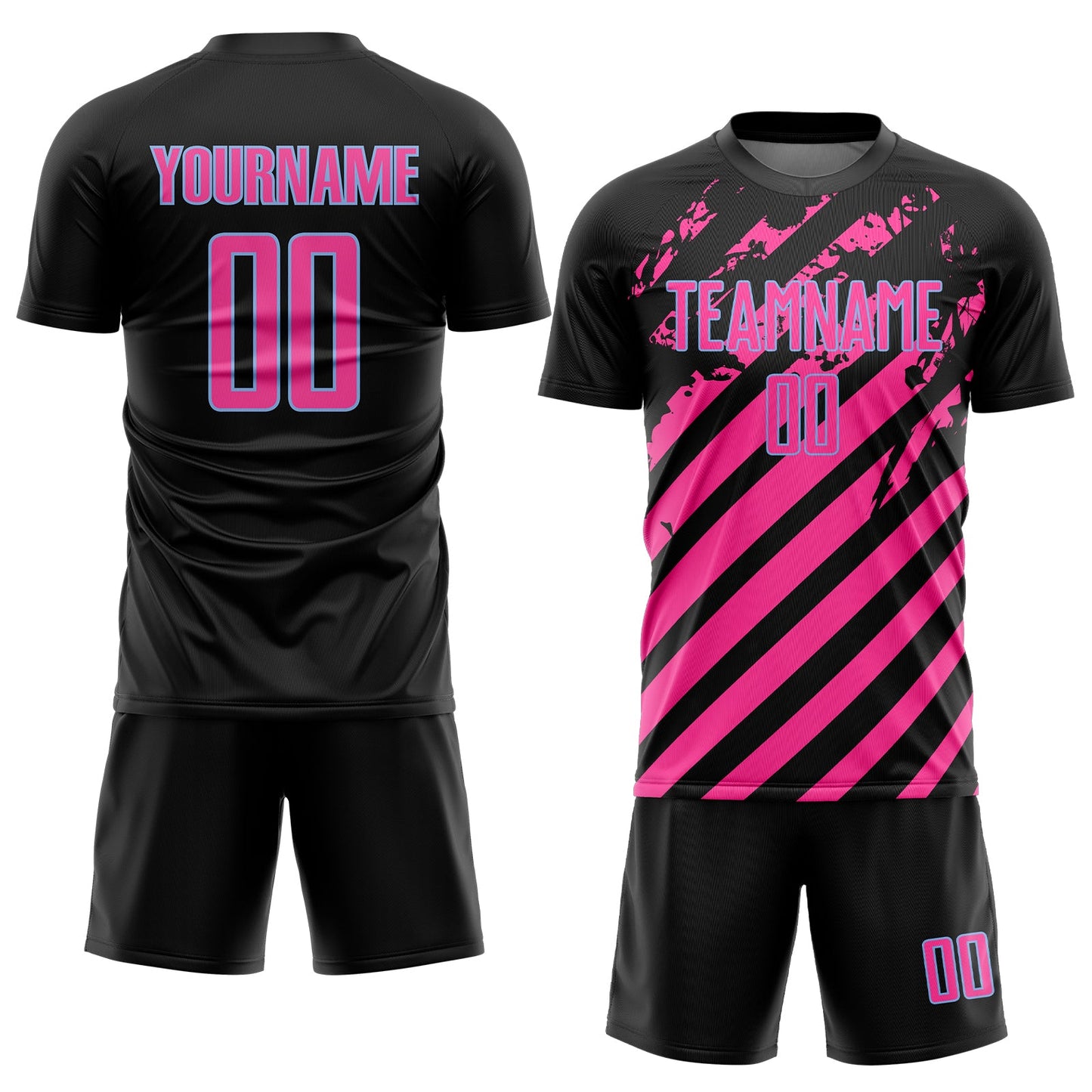 Custom Black Pink-Light Blue Distressed Diagonal Stripe Pattern Sports Sublimation Soccer Uniform Jersey view 2