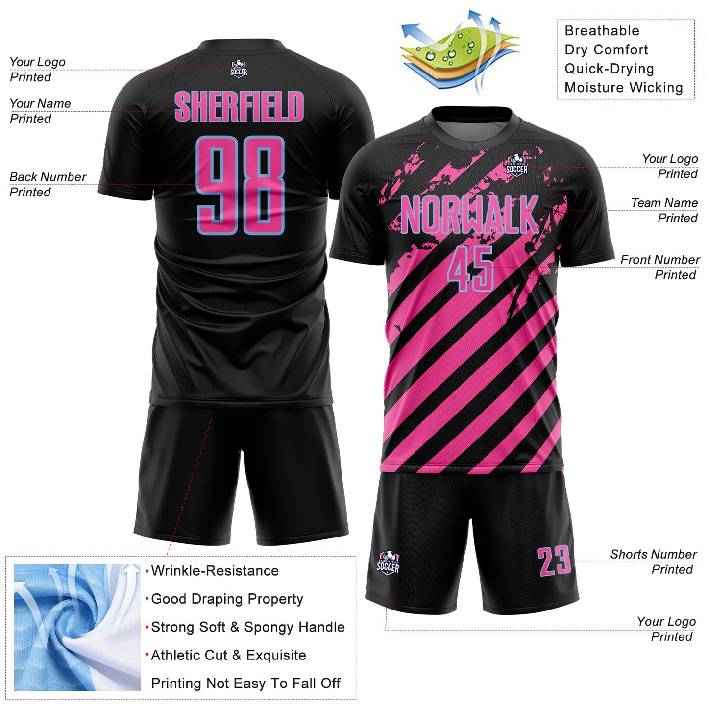 Custom Black Pink-Light Blue Distressed Diagonal Stripe Pattern Sports Sublimation Soccer Uniform Jersey view 4