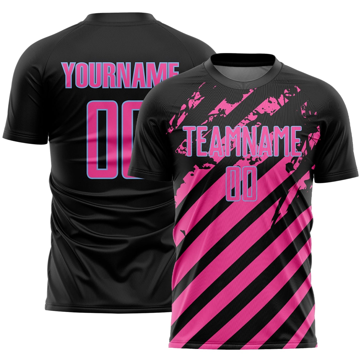 Custom Black Pink-Light Blue Distressed Diagonal Stripe Pattern Sports Sublimation Soccer Uniform Jersey - Main View