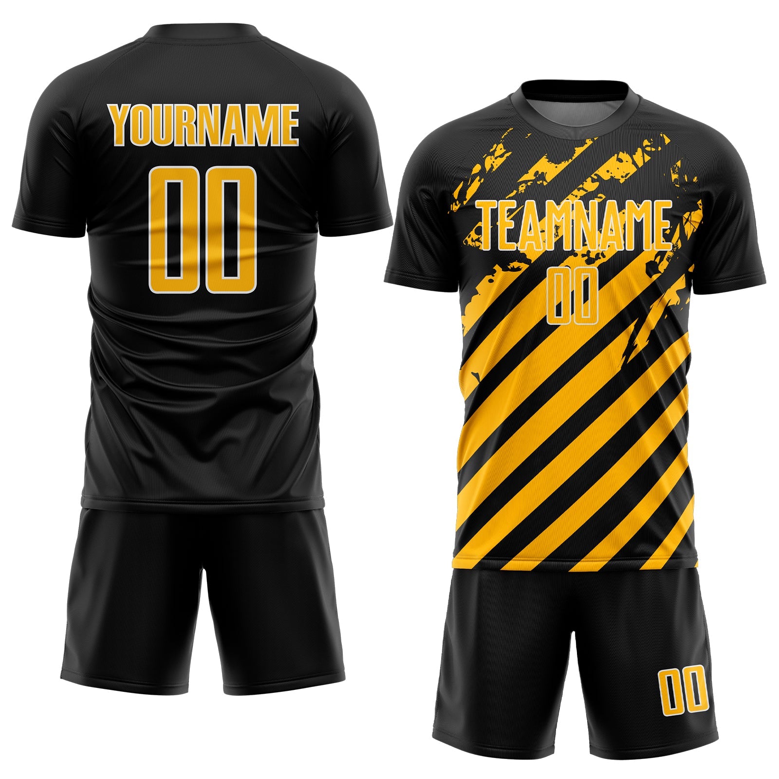 Custom Black Gold-White Distressed Diagonal Stripe Pattern Sports Sublimation Soccer Uniform Jersey view 2