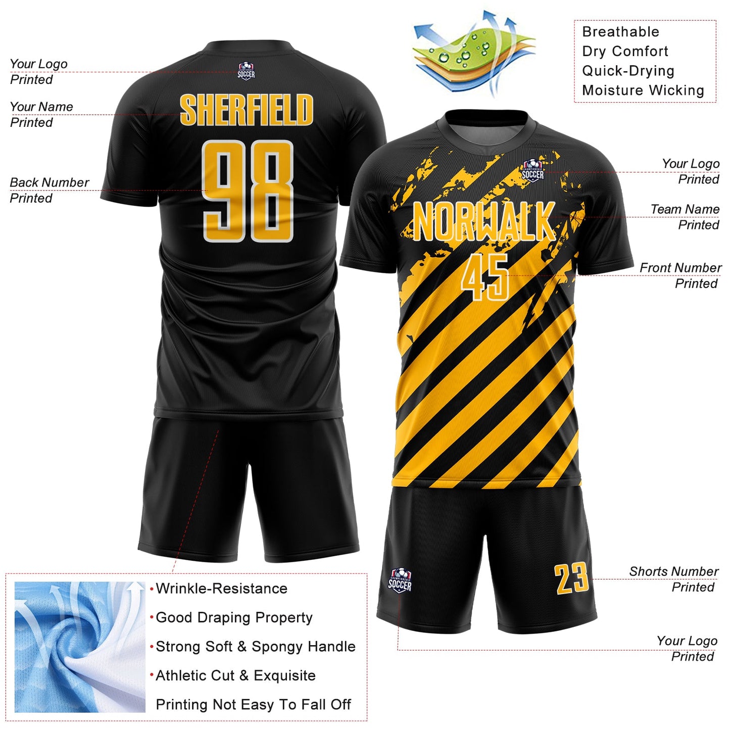 Custom Black Gold-White Distressed Diagonal Stripe Pattern Sports Sublimation Soccer Uniform Jersey view 4